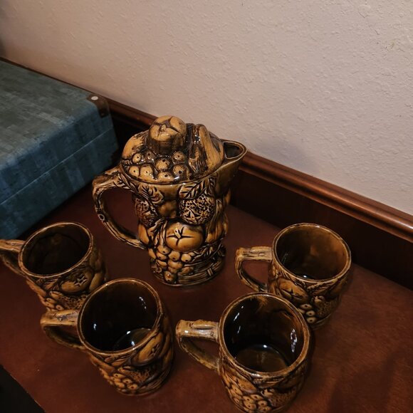 Tea Pitcher Set Embossed 3D Fruit and Daisies Setting for 4 Made in Japan BOHO - Picture 6 of 13